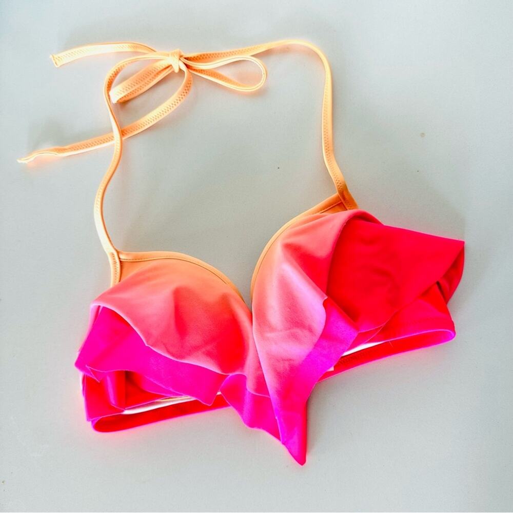 VS VICTORIAS SECRET Pink Ruffle Halter Tie Underwire Plunge Bikini Swim Top XS